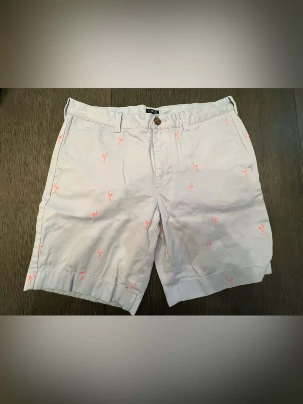 J. Crew Men's Light White Shorts with Pink Flamingo Embroidery
